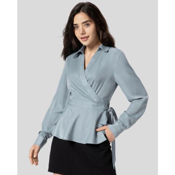 HALARA Blue Satin Collared Wrapped Tie Side Long Sleeve Ruffle Hem Casual Shirt - Picture 1 of 7